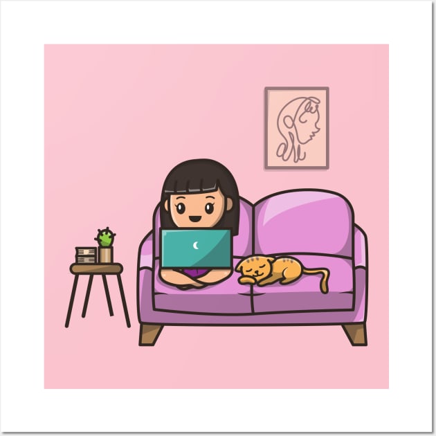 Cute Girl Working On Laptop With Cat Cartoon Wall Art by Catalyst Labs